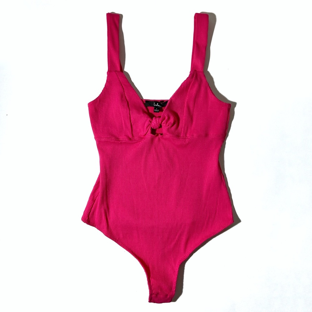 Lulu's Attention Grabber Hot Pink Knot Front Sleeveless Bodysuit